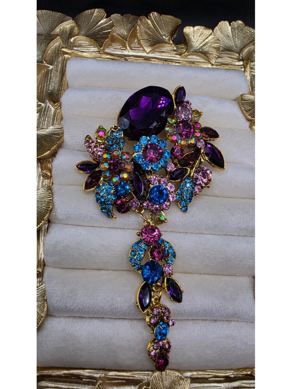 Colorful Rhinestone Floral Gold-Tone Brooch with Dangling Detail